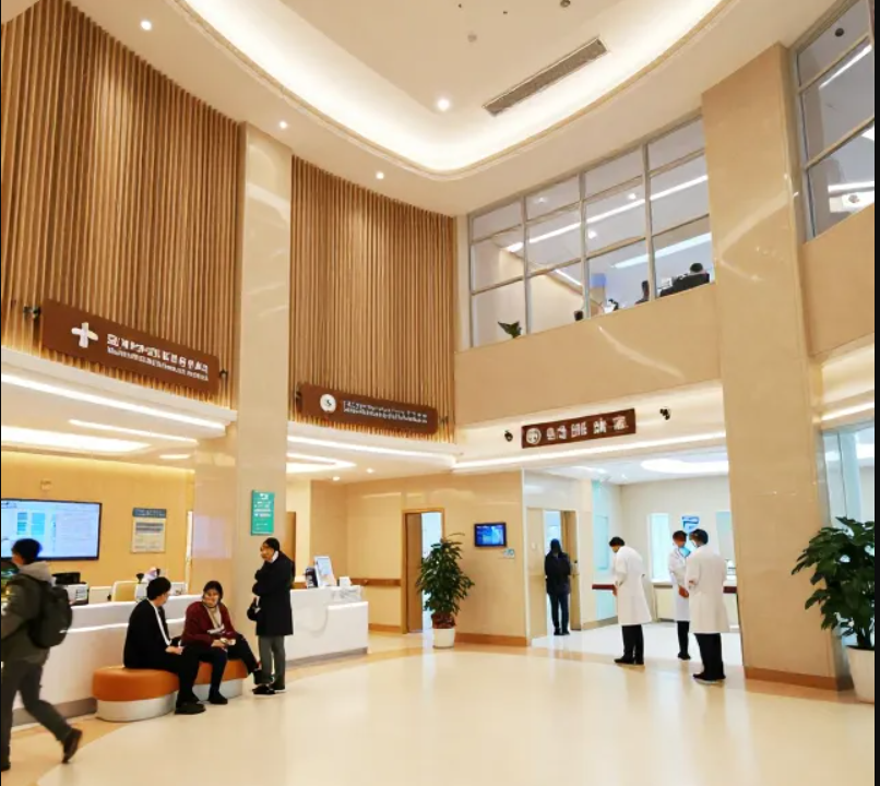 China top-tier hospital international medical services lobby, multilingual service team providing professional medical guidance to international patients